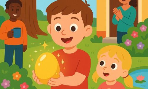 Een 8-jarige jongen met rond gezicht, kort bruinachtig haar, heldere ogen en een verbaasd glimlachje houdt voorzichtig een groot goudkleurig glinsterend ei; zijn kleine zusje van ongeveer 5 jaar met blonde staartjes en bewonderende ogen houdt een klein gekleurd mandje en kijkt vanaf rechts; moeder met bruin opgestoken haar staat bij de deur op de achtergrond en klapt zachtjes, vader staat links en lacht terwijl hij een mok warme chocolademelk vasthoudt; de scène speelt zich af in een zonnige lentetuin met een grote oude eik in het midden, groen gras, een bloeiende struik in roze en paars en rechts een klein blauw vijvertje met waterlelies; de jongen ontdekt onder de eik het grote gouden ei dat kleine lichtende sterretjes en een zachte gloed uitstraalt, het gezin staat eromheen met blikken van verwondering en vriendschap, warme kleurrijke sfeer.