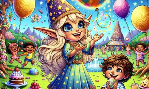 En el centro de la imagen, un duende alegre llamado Lulú, con grandes orejas puntiagudas y ojos chispeantes de travesura, lleva un sombrero estrellado y una sonrisa radiante. Está haciendo malabares con globos coloridos que flotan a su alrededor, desprendiendo una aura de magia y felicidad. A su derecha, un niño de 8 años llamado Tomás, con el cabello castaño alborotado y una camiseta a rayas, ríe a carcajadas mientras intenta atrapar un globo que se escapa. Está sentado en la hierba verde, rodeado de pasteles y limonada, y su mirada está llena de asombro. Al fondo, un parque de ensueño con árboles de caramelos, flores cantantes y un cielo azul salpicado de nubes en forma de algodón de azúcar. Niños de todas las edades juegan alegremente, creando una atmósfera festiva y colorida. La escena principal muestra a Lulú y Tomás en plena fiesta, rodeados de niños que se divierten, con confeti flotando en el aire y risas resonando, ilustrando un momento de alegría y amistad mágica.