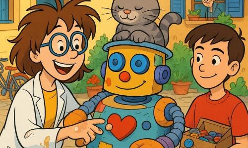 Gina, inventrice, espressione gioiosa e concentrata, capelli castani scompigliati, occhiali tondi, mani un po' appiccicose di colla, spinge una macchina colorata — un secchio trasformato nel robot Abbracciatore Allegro — e preme un grande pulsante rosso a forma di cuore; Nina, bambina di circa 11 anni con casco da bici sotto il braccio, sorride e ride stando leggermente dietro a sinistra; Omar, ragazzo di circa 12 anni, serio ma contento, tiene una scatola di bottoni colorati e un piccolo righello e controlla i fili a destra della macchina; Pasticcia, gatta grigia tigrata, sonnecchia sulla spalla imbottita del robot con la zampa su un cuscino; il robot ha corpo a secchio rotondo, toppe colorate, braccia a molla avvolte in morbidi cuscini, grandi bottoni per occhi e uno sportellino aperto che mostra un biscotto leggermente schiacciato; la scena è in un cortile assolato con selciato irregolare, biciclette appoggiate a un muro giallo, vasi di fiori scompagnati, un annaffiatoio metallico e finestre con persiane blu; la macchina offre un abbraccio morbido o un cinque con gesti lenti e avvolgenti, vicini curiosi sullo sfondo, atmosfera calda, colori vivaci, texture morbide e stile infantile e umoristico.