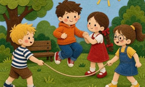 Quattro bambini di circa 6 anni: Luca, bimbo dai capelli castani corti e volto rotondo con guance rosa, al centro che salta e con una mano tesa verso di lui; Giulia, bambina dai lunghi capelli intrecciati con nastro rosso e pelle chiara, alla sua destra che gli tiene la mano rassicurante; Tommaso, bimbo dai capelli biondi spettinati con maglietta a righe, a sinistra che fa girare la corda con postura dinamica; Sara, bambina con capelli castani raccolti in coda e occhiali rotondi, dietro Giulia che tiene l’altra estremità della corda sorridendo e incoraggiando. Ambientazione: parco soleggiato con erba verde testurizzata, grandi foglie in applicazione, panchina di legno sullo sfondo, cielo azzurro con sole giallo in feltro e qualche nuvola di cotone. Situazione: scena calorosa e rassicurante con gesti di sostegno, movimenti semplici e gioiosi, colori vivaci e contrastati, contorni netti e texture di stoffa visibili per effetto applicato cucito.