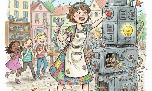 Leni, etwa 18-jährige erfinderische Frau mit rundem, lachendem Gesicht, kurzen braunen Haaren und Schutzbrille auf der Stirn, bunter Patchwork‑Kleidung und ölverschmiertem Schürze, hält einen großen Schraubenschlüssel und drückt einen roten Knopf an ihrem handgebauten Erfindungsautomaten; daneben Max, etwa 12, blonde strubbelige Haare, gestreiftes Shirt und Latzhose, lacht und klatscht, links drei zuschauende Kinder (zwei Mädchen, ein Junge, 7–10 Jahre) mit erstaunten Gesichtern; Außenwerkstatt auf dem Dorfplatz mit Holztischen, Werkzeugregalen und pastellfarbenen Häusern, gepflastertem Boden, Konfetti und Farbspritzern; der Retro‑Metallautomat mit sichtbaren Zahnrädern, bunten Rohren, blinkender Glühbirne und aus einer Klappe herausfliegenden Keksen und Konfetti, sanfter Dampf und schokoladenartige Sternchen in der Luft, fröhliche, bewegte Szene in weicher Pastellpalette mit kräftigen Akzenten.