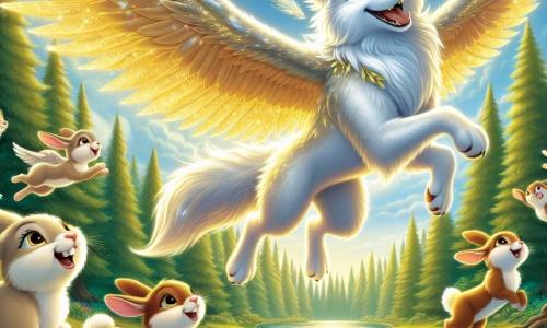 En una clara encantada, un majestuoso lobo llamado Luno, con un pelaje plateado brillante y ojos amarillos llenos de curiosidad, se eleva en el aire con alas doradas, mostrando una sonrisa alegre y maravillada. A su lado, una familia de pequeños conejos de pelaje suave y marrón, con ojos redondos y brillantes, saltan de alegría, mirando a Luno con admiración, mientras la madre conejo, de pelaje crema, los anima a volar con él. El lugar es una hermosa clara bañada de luz dorada, rodeada de grandes árboles de hojas verdes brillantes, con un lago centelleante en el centro, donde el reflejo del cielo azul y las nubes blancas bailan sobre el agua. La escena principal muestra a Luno, el lobo volador, surcando graciosamente sobre los conejos, que se lanzan alegremente al aire, creando una imagen llena de felicidad y aventura, simbolizando la amistad y la libertad.