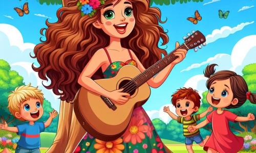 A woman named Melody, with long curly chestnut hair, smiling and full of joy, plays guitar under a large tree. She wears a colorful dress with floral patterns, and her eyes shine with enthusiasm as she shares her passion for music with children. A boy named Timmy, about 7 years old with messy blonde hair and a red t-shirt, joyfully dances beside her with his arms raised to the sky. A girl named Lily, 6 years old with braided brown hair and a pink dress, happily sings while jumping around Melody, a big smile on her face. The setting is a sunny park filled with colorful flowers, majestic trees, and lush green grass. The sky is blue with a few fluffy white clouds, and butterflies flutter around, adding to the joyful atmosphere. The main scene shows Melody playing guitar and singing, surrounded by dancing and singing children, creating a sense of happiness and camaraderie where music unites everyone.