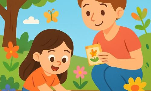 Uma menina de 4 anos, Sofia, com longos cabelos castanhos e olhos brilhantes de alegria, está agachada em um jardim ensolarado, sorridente e cheia de entusiasmo, plantando sementes de flores amarelas na terra marrom. Ao lado dela, sua mãe, uma mulher de cerca de trinta anos com cabelos castanhos presos em um coque, a observa com orgulho, segurando um pequeno pacote de sementes na mão. O jardim está repleto de flores coloridas, borboletas voando e uma grande árvore sombreada, criando uma atmosfera mágica e alegre. Sofia e sua mãe estão cercadas de terra e pequenos utensílios de jardinagem, compartilhando um momento de felicidade e cumplicidade na natureza.
