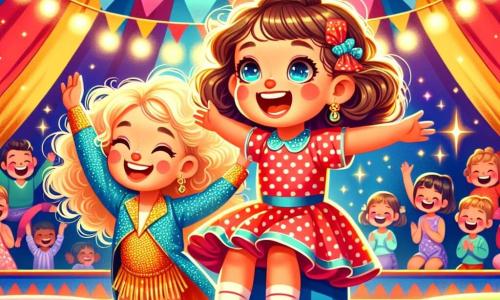 A 2-year-old girl with sparkling big eyes and curly hair is sitting on top of a pile of colorful cushions, laughing joyfully with a radiant smile. She is wearing a red polka dot dress and small yellow shoes, exuding pure joy. Next to her, a 10-year-old acrobat with long, smooth hair, dressed in a sparkling blue and gold costume, encourages her by raising her arms, ready to jump. She has a friendly smile and stands firmly on the ground, surrounded by cushions. The scene takes place in a vibrant circus tent, with bright lights and colorful banners hanging above. The floor is covered with fluffy cushions of all colors, creating a cheerful and playful atmosphere. The main situation shows Lila and Mia ready to make a big jump together into the cushions, surrounded by an enthusiastic crowd that applauds and laughs, creating an atmosphere of magic and happiness at the circus.