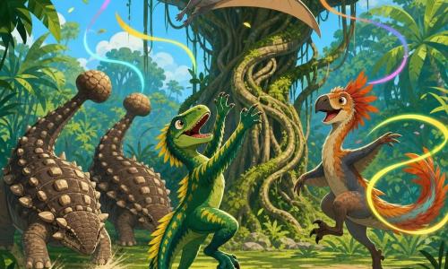 Een jonge velociraptor genaamd Rook, enthousiast en moedig, glimlachend met grote heldere ogen, smaragdgroene veren met gele strepen, lichtjes op zijn achterpoten hoppend en met zijn kleine voorpootjes naar de hemel reikend; Tik, een ondeugende maar tamme oviraptor met rood‑oranje puntige veren, lacht en maakt een sprongetje rechts van Rook terwijl hij met zijn staart lichtlinten tekent; een pterosauriër vliegt boven, brede lichtbruine vleugels en grijze veren, glijdt zachtjes boven de open plek; twee massieve ankylosauriërs met bruine schaal en ronde platen slaan ritmisch de grond met hun staarten achteraan links en geven het tempo; locatie: een weelderige junglekuil met mosbedekking, grote palmblaadjes en een oude ficus met spiraalwortels in het midden; hoofdscène: de dieren vormen een cirkel rond de ficus en dansen onder kleurrijke lichtstrips uit de lucht, vrolijke sfeer, ronde vloeiende bewegingen, felle contrasterende kleuren, platte textuur en scherpe contouren.