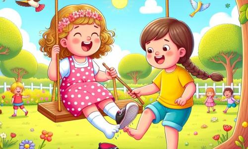 Two three-year-old girls, Lily and Mia, are at the center of the image. Lily, with curly hair and a pink polka dot dress, is sitting on a swing, laughing heartily. Next to her, Mia, with straight hair and a braid, is wearing a yellow t-shirt and blue shorts, joyfully jumping on the ground. The setting is a sunny park filled with colorful flowers and green trees. In the background, other children are playing and birds are flying in the blue sky. The main situation shows Mia who has lost her shoe, which landed on a tree branch. The two friends are laughing as they try to retrieve the shoe with a long stick, creating a scene full of joy and friendship.