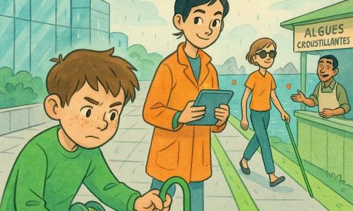 A 12-year-old boy with a round freckled face and tousled chestnut hair, focused and determined, holds a neon-green guide cord and secures a flexible post on the sidewalk; a ~15-year-old girl in an orange lab jacket with her black hair in a bun, smiling and sharp-eyed, supervises with a glowing tablet; a ~16-year-old young woman with short hair, sunglasses and a white cane walks slowly, serene and confident, testing the tactile cord; a ~40-year-old male vendor in an apron with a sun-kissed complexion stands by a crispy seaweed stall, smiling and pointing the way. The setting is a futuristic coastal promenade with wide pale-gray paving, scooter rails separated by a green strip, glass-fronted buildings reflecting azure, distant silver artificial reefs, small orange sensor buoys on calm water and pastel sky with drones. Main scene: collective installation of a tactile guide cord and button plate by a crosswalk, cooperative, safe atmosphere, light ink-splattered rain for a weather exercise, contrasted colors—neon greens, warm oranges and bluish-grays—with crisp ink lines and soft color washes.