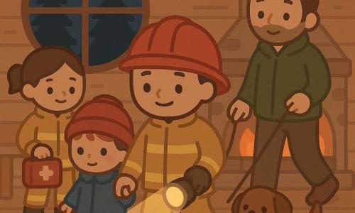Timo, een jonge brandweerman van ongeveer 28 jaar met een rond, vriendelijk gezicht en een rood glanzend helm, gele jas met reflecterende strepen en modderige laarzen, houdt met zijn rechterhand een grote, brandende zaklamp en met zijn linkerhand zacht de hand van een meisje; Sanne, een brandweervrouw van circa 30 jaar met opgestoken haar en een zachte glimlach, staat iets achter Timo links en houdt een klein rood verbandtrommeltje; het meisje van ongeveer 6 jaar met een rode muts, blauwe jas en blozende wangen is eerst buiten adem maar kalmeert en loopt bij Timo; de vader van circa 35 jaar met een groene jas en lichte baard kijkt opgelucht en loopt achter zijn dochter terwijl hij de lijn van een klein bruin hondje vasthoudt; zij staan in een warm houten chalet aan de bosrand met een ronde ruit waar donkere dennen te zien zijn en een knapperend haardvuur dat zacht oranje licht werpt, jassen en rugzakken op een bank; de scène toont Timo die de verdwaalde familie naar binnen leidt, het zaklampstraal als zachte kegel, een warme, veilige sfeer in contrasterende warme kleuren tegen het nachtblauwe bos, in een minimalistische kawaii-stijl met eenvoudige vormen, ronde lijnen, grote expressieve ogen en verzadigd pastelpalet.