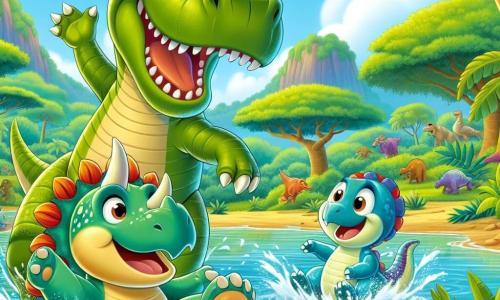 Un grande Tyrannosaurus Rex di nome Tino, con pelle verde e squame brillanti, mostra un ampio sorriso, con le piccole braccia sollevate mentre schizza gioiosamente in un lago. Accanto a lui, la sua migliore amica, una piccola triceratopo di nome Tina, con tre corna colorate e un viso amichevole, salta in acqua ridendo, con le zampe anteriori in alto. Un velociraptor di nome Dino, con piumaggio blu vivo e occhi scintillanti, si trova sulla riva, pronto a tuffarsi, con un'espressione eccitata sul volto. Il paesaggio è una giungla lussureggiante, piena di alberi giganti con foglie verdi, fiori brillanti e un cielo soleggiato, creando un'atmosfera gioiosa e vivace. La scena mostra Tino, Tina e Dino mentre giocano insieme, schizzando acqua e ridendo, illustrando una bella giornata di amicizia e avventura.