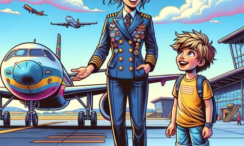 O pilotă, Maria, este în centrul imaginii, zâmbitoare și plină de entuziasm, cu părul brun prins în coc și purtând o combinație de pilot de culoare albastru închis, împodobită cu insigne colorate. Ea stă lângă avionul său, un aparat mare cu culori vii, pregătit de decolare, cu nori albi pufoși în fundal. Lângă ea, un băiat de 10 ani pe nume Andrei, cu părul blond zburlit și ochelari rotunzi, privește cu uimire avionul, având ochii strălucind de curiozitate. El poartă un tricou galben și o pereche de pantaloni scurți, ținând în mâini un mic model de avion. Locul scenei este un aeroport animat, cu o pistă de aterizare vizibilă și hangare în fundal, unde alte avioane sunt parcate. Cerul este de un albastru strălucitor, presărat cu câteva nori, iar soarele strălucește, creând o atmosferă veselă și dinamică. Situația principală o arată pe Maria explicându-i lui Andrei cum funcționează avionul, cu gesturi entuziaste, în timp ce Andrei, captiv, ascultă atent, visând să devină pilot într-o zi.