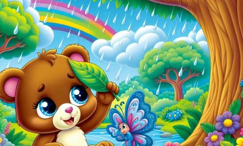 Uma adorável ursa chamada Lili, com pelagem marrom suave e olhos brilhantes de curiosidade, está sob uma grande árvore, seu rosto expressando tanto excitação quanto um leve tremor de medo. Ao seu lado, uma magnífica borboleta azul chamada Bela, com asas cintilantes, voa alegremente ao seu redor, trazendo um toque de magia à cena. A floresta de Colorilândia é vibrante de cores, com árvores majestosas de folhas verdes brilhantes, flores multicoloridas espalhadas pelo chão e um céu azul claro salpicado de nuvens brancas. Nesta ilustração, Lili e Bela se refugiam sob a árvore, enquanto uma tempestade se aproxima, com gotas de chuva começando a cair ao redor delas. Lili, segurando uma folha acima da cabeça, olha para o céu com uma expressão de preocupação, enquanto Bela, cheia de coragem, a incentiva a permanecer forte.