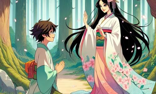 Aiko, a beautiful spirit woman dressed in a flowing pastel kimono, stands in an enchanted forest, her face radiating softness and wisdom. Her long black hair floats in the wind, adorned with delicate cherry blossoms, as she warmly smiles at a young boy. Haru, a ten-year-old boy with messy brown hair and sparkling eyes full of enthusiasm, sits on a rock beside Aiko. He wears a simple yet colorful kimono, his hands raised as if about to speak, showing an expression of determination mixed with slight nervousness. The scene takes place in a lush forest, where majestic trees with vibrant green leaves surround a dirt path. Cherry blossom petals gently fall from the sky, creating a pink carpet on the ground, while sunlight filters through the branches, illuminating the characters' faces. Aiko and Haru are practicing together, Aiko encouraging Haru as he prepares to share a story with the villagers during the cherry blossom festival. The atmosphere is magical and full of hope, symbolizing the courage and confidence growing between them.