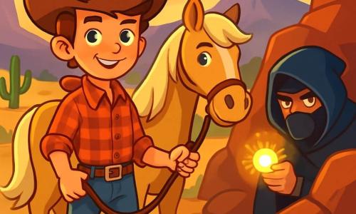 Un giovane cowboy, Cody Wild, un ragazzo di dodici anni, si trova coraggiosamente su un sentiero polveroso, con occhi brillanti di determinazione e un sorriso sicuro. Indossa un cappello da cowboy usurato, una camicia a quadri rossa e pantaloni di denim, e tiene saldamente le redini del suo cavallo, Dusty, un magnifico mustang dal manto dorato. Nelle vicinanze, un uomo incappucciato, un misterioso bandito di una trentina d'anni, si nasconde dietro una grande roccia, il suo volto a malapena visibile sotto l'ombra del cappuccio, mentre tiene un medaglione luminoso che illumina il suo sguardo furtivo. Il paesaggio è una vasta prateria dorata, punteggiata di cactus e rocce rosse, con montagne maestose sullo sfondo, illuminate dalla luce soffusa del crepuscolo. La scena è intrisa di un'atmosfera di mistero e avventura, mentre Cody, pronto ad affrontare l'ignoto, scorge il bandito e si prepara ad agire.