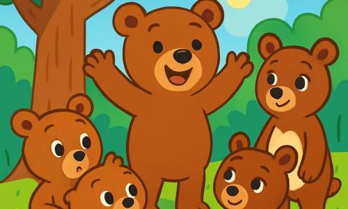 Un urs brun, numit Dodi, cu un zâmbet călduros și ochi strălucitori de curiozitate, stă în centrul scenei, cu labele ridicate în semn de bucurie. În dreapta sa, o ursoaică maro cu o mare pată albă pe burtă, numită Lili, zâmbește timid, cu urechile ridicate, în timp ce îl privește pe Dodi cu admirație. În stânga, doi pui de urs, Pufi și Mimi, cu blănițe moi și mătăsoase, au expresii de surpriză și înțelegere, ochii lor strălucind de entuziasm. Scena se desfășoară într-o pădure fermecată, cu copaci majestuoși și frunze verzi strălucitoare, flori colorate pe sol și un cer albastru deschis cu nori pufoși. În fundal, un raze de soare filtrează printre crengi, iluminând fețele puilor de urs. Cei patru prieteni se adună în jurul unui stejar mare, râzând și jucându-se împreună, ilustrând un moment de toleranță și prietenie, unde fiecare sărbătorește diferențele într-o atmosferă veselă și primitoare.