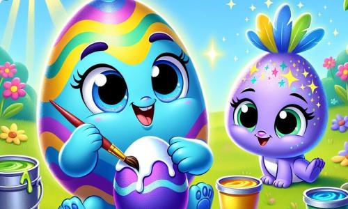 Eddie, a small blue egg with yellow and green swirls on its shell, is painting Easter eggs with a big joyful smile on his face. He holds a brush in one little paw and is surrounded by colorful paint pots. Next to him, Lila, a lavender egg with sparkling stars, watches in wonder, her eyes shining with curiosity. She holds a paint palette and seems eager to start decorating her own egg. The setting is a sunny garden filled with colorful flowers, lush trees, and a bright blue sky. Sun rays illuminate the scene, creating a joyful and festive atmosphere. The main focus shows Eddie painting a purple egg that begins to glow with magic, while Lila is about to join him to create even more colorful and magical eggs.