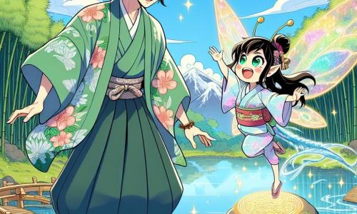 Haruki, a man in his thirties, stands atop a sacred mountain, his face lit up with a radiant smile of excitement and determination. He has slightly tousled black hair and wears a traditional kimono with colorful floral patterns that gently flows in the wind. Beside him is Yuki, a small forest spirit, a fairy-like creature with shimmering wings and sparkling mischievous eyes. She flits around him, gesturing enthusiastically, her size barely larger than a cherry blossom. The backdrop is breathtaking: a clear blue sky dotted with fluffy clouds, lush bamboo trees stretching as far as the eye can see, and a shimmering lake below reflecting the colors of the sky. The scene depicts Haruki and Yuki discovering a magical stone glowing with golden light at the center of a soft moss circle, while a majestic dragon with emerald scales watches them curiously, ready to test their worth.