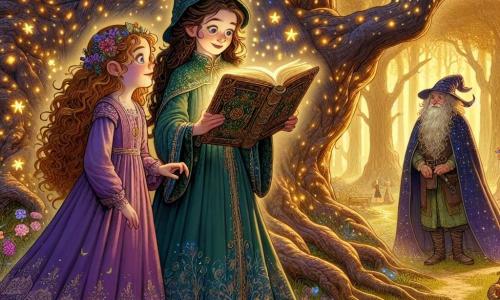 Al centro dell'immagine, una giovane apprendista strega di dieci anni di nome Rosa sorride meravigliata. Indossa un curioso cappello a punta blu e verde, e i suoi lunghi capelli castani sono intrecciati in due trecce che cadono sulle spalle. Rosa tiene un grande libro antico, il Grimorio Perduto, aperto davanti a sé, con gli occhi brillanti di curiosità ed eccitazione. Alla sua destra c'è la sua migliore amica Livia, anch'essa di dieci anni, con i capelli biondi e ricci, che indossa un vestito da strega viola. Guarda il libro con ammirazione, le mani sui fianchi, mostrando un'espressione di gioia contagiosa. Sullo sfondo, un misterioso guardiano anziano, con una lunga barba bianca e un mantello stellato, osserva le due ragazze con un sorriso benevolo, vicino a un grande albero dalle radici nodose, aggiungendo un tocco di mistero alla scena. Il luogo è una radura incantata, immersa in una luce dorata, circondata da alberi maestosi con foglie scintillanti. Fiori colorati e lucciole danzano nell'aria, creando un'atmosfera magica e fiabesca. La situazione principale mostra Rosa e Livia che scoprono il Grimorio Perduto, un libro antico dalle pagine illuminate, mentre il guardiano concede loro la sua approvazione, simboleggiando l'inizio della loro avventura magica.