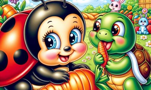 Una piccola coccinella di nome Lella, con ali rosse a pois neri lucenti, è al centro dell'immagine, mostrando un grande sorriso curioso. È appollaiata su una carota arancione brillante, con gli occhi scintillanti di eccitazione. Accanto a lei, una tartaruga di nome Tito, con un guscio verde e occhi maliziosi, sta masticando una carota, seduta sull'erba verde e morbida. Sullo sfondo, c'è una fattoria incantevole con un orto colorato, fiori vivaci e un cielo blu punteggiato di nuvole bianche e soffici. La scena mostra Lella e Tito che ridono insieme, circondati da carote, mentre altri animali della fattoria, come un coniglio e una rana, li osservano divertiti, creando un'atmosfera gioiosa e amichevole.