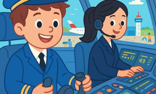 Un uomo, Luca, è seduto nel cockpit di un aereo, con un ampio sorriso sul volto, gli occhi scintillanti di gioia e concentrazione. Indossa una divisa da pilota blu con un cappellino decorato da un distintivo dorato, e i suoi capelli castani sono leggermente arruffati. Tiene il comando con sicurezza, pronto a far decollare l'aereo. Accanto a lui, Sara, una giovane donna di circa 30 anni, è seduta su un seggiolino di controllo. Ha i capelli lunghi e neri, raccolti in una coda di cavallo, e indossa una divisa da controllore di volo. Sorride a Luca, consultando schermi luminosi pieni di numeri e grafici. Il cockpit è pieno di pulsanti colorati, luci lampeggianti e grandi schermi, offrendo una vista panoramica su un cielo blu punteggiato di nuvole bianche. All'esterno, si intravede un aeroporto animato, con aerei a terra e persone in movimento. La scena principale mostra Luca e Sara in preparazione per un volo, Luca concentrato sui comandi, mentre Sara osserva gli strumenti con attenzione, creando un'atmosfera di cooperazione ed eccitazione.