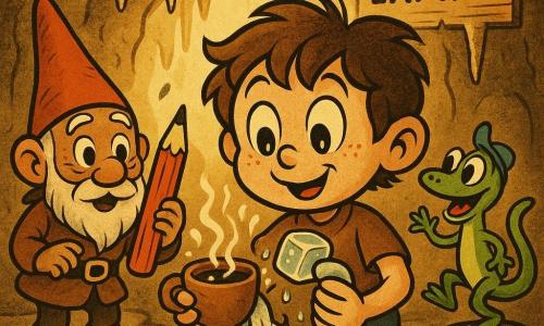 Bambino di 8 anni, entusiasta e concentrato, viso rotondo con lentiggini, capelli castani spettinati e occhi vivaci, tiene una piccola tazza fumante in una mano e un cubetto di ghiaccio argentato nell'altra; a sinistra un vecchio gnomo piccolo e barbuto con pelle rugosa e alto cappello rosso a punta sorride sorpreso tenendo una grossa matita rossa vicino a una stalattite; a destra una lucertola verde brillante chiamata Lampo, vivace con un piccolo cappello blu, salta su una pietra guardando il cubetto; grotta illuminata da luce dorata che filtra da un'apertura, stalattiti scintillanti, pareti rocciose, un grande cartello di legno appeso a una stalattite e pavimento di pietre tonde; istante in cui il bambino avvolge la tazza calda in un panno umido per mettere il cubetto senza farlo sciogliere, con vapore, gocce e piccole bolle di freddo disegnate; colori vivaci e contrastati, contorni morbidi in stile rubber hose, espressioni esagerate e gestualità dinamica.