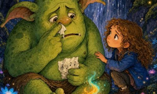Ogro: un ogro grande y redondeado de piel verde clara con manchas más oscuras, orejas grandes en forma de paraguas, ojos redondos y brillantes llenos de tierna tristeza y labios anchos, sentado, sonándose con un dedo mientras sostiene una pequeña nota musical arrugada; Niña: Gala, de unos 8 años, cabello castaño claro rizado, chaqueta azul, mirada curiosa y compasiva, agachada junto al ogro y extendiendo la mano para consolar; Llama mágica: una pequeña flama flotante ámbar y turquesa con chispas que danza sobre las piedras y alumbra los rostros; Escenario: claro escondido tras una cascada plateada con rocas cubiertas de musgo, flores fosforescentes rosas y azules y luciérnagas; Situación: momento nocturno y tierno en primer plano donde la niña consuela al ogro mientras la lumbre guía la melodía perdida, con luces cálidas en los rostros y atmósfera suave y emotiva.