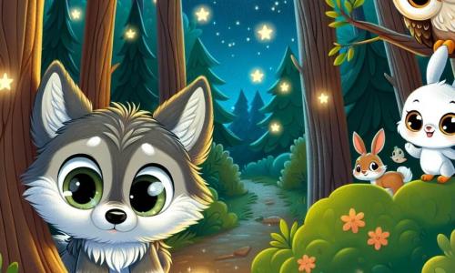 Un pequeño lobo de grandes orejas y pelaje suave, con ojos redondos y brillantes, observa una luz centelleante con una mezcla de curiosidad y aprensión. Está en un camino forestal, rodeado de árboles de troncos gruesos y hojas verdes, mientras la noche estrellada se extiende sobre él. A su lado, un sabio búho de plumas marrones y grandes ojos dorados, posado en una rama, canta suavemente, mostrando una expresión reconfortante y amistosa. Un pequeño conejo de pelaje blanco y ojos chispeantes, que salta alegremente en el suelo, sonríe y anima al lobo a no tener miedo. La escena transcurre en un bosque encantado, donde los árboles están iluminados por luciérnagas centelleantes, creando una atmósfera mágica y apacible. El lobo, aunque temeroso, comienza a sentirse más valiente al descubrir la belleza de la noche, rodeado de sus amigos.