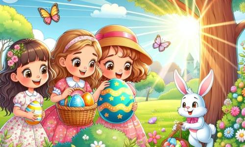 In un giardino soleggiato, tre ragazze di 8 anni stanno cercando uova di Pasqua. Sofia, con lunghi capelli castani e un vestito rosa a fiori, tiene un cesto di vimini pieno di uova colorate. Accanto a lei, Giulia, con capelli biondi e ricci, indossa un cappello di paglia e osserva un uovo giallo brillante appena trovato. Infine, Marta, con capelli castani e una treccia, è accucciata vicino a un grande albero, scoprendo un uovo blu decorato con stelle dorate. Il giardino è un vero paradiso primaverile, pieno di fiori multicolori e alberi verdi, con raggi di sole che filtrano tra le foglie. Le ragazze, entusiaste, cercano uova nascoste ridendo e incoraggiandosi a vicenda, mentre un piccolo coniglio bianco in costume, il Coniglio di Pasqua, le osserva sorridendo, pronto ad aiutarle.