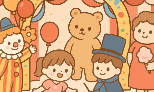 Zoe, fetiță de 6 ani, zâmbitoare, cu două cozi și rochie cu buline roz, ține un balon roșu și face o mică reverență la intrarea arcușului; Dodo, băiat de ~7 ani, timid și vesel, poartă o pelerină albastră prea mare și un pălărie înaltă, ține o baghetă și presară puțină „sclipici” auriu la dreapta lui Zoe; un clovn adult, cu mustață și salopetă în dungi galben-roșii, râde adăugând o floare decorativă mare pe arc (stânga, în fundal); tanti Margareta, femeie de ~40 ani, plinuță și blândă, ține un corn cu vată de zahăr roz lângă o ladă cu decorațiuni (dreapta, în fundal); un leu de pluș uriaș, blând, stă în spatele arcadei și privește calm; locul: intrarea unui cort mare în dungi roșii și albe, arc de ghirlande, baloane multicolore, panglici roșii și albastre, sclipici ca o ploaie fină; situația: Zoe și Dodo întâmpină publicul sub un arc foarte colorat și festiv, toți colaborează zâmbind, atmosferă caldă și veselă, culori vii, forme simple și contururi moi.