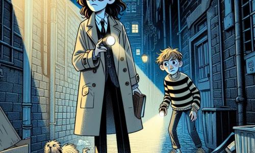 En una oscura y misteriosa callejón, una joven de doce años, Elena, se encuentra en el centro de la imagen. Tiene largos cabellos castaños, gafas redondas y lleva un trench beige que le da un aire de detective. Su rostro expresa intensa curiosidad y ligera preocupación, mientras sostiene una pequeña linterna en una mano y un cuaderno en la otra, lista para anotar sus observaciones. A su lado, su amigo Lucas, un chico de doce años con cabello rubio desordenado y una camiseta a rayas, mira a su alrededor con una expresión de emoción mezclada con aprensión. Se inclina levemente para examinar una caja de cartón cerca de los cubos de basura. El callejón es estrecho, bordeado de muros de ladrillo oscuro y faroles titilantes que proyectan sombras inquietantes. Hay basura esparcida por el suelo y una ligera bruma parece flotar en el aire, añadiendo una atmósfera intrigante a la escena. Elena y Lucas están investigando un misterioso ruido que escucharon la noche anterior, buscando pistas sobre un robo que ocurrió en el barrio. Están listos para descubrir la verdad, rodeados por la oscuridad del callejón.