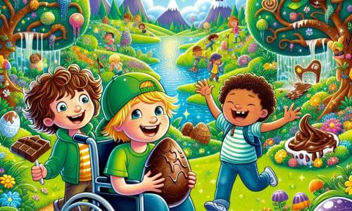 In an enchanted garden, three friends stand at the center of the scene. Max, a nine-year-old boy with a green cap and messy brown hair, smiles enthusiastically while holding a chocolate egg in his hand. To his right, Leo, a nine-year-old boy with curly blonde hair, dances joyfully with a melting chocolate bar in his other hand. On the left, Jason, a nine-year-old boy with short brown hair, sits in his wheelchair, laughing and holding a colorful skateboard that shines in the sun. The garden is filled with vibrant flowers of all colors, majestic trees with shimmering leaves, and a clear blue sky dotted with fluffy clouds. In the distance, a chocolate river winds through the landscape, adding a touch of magic to the setting. The three friends celebrate their discovery of a magical golden egg, surrounded by laughter and joy, ready to embark on an unforgettable adventure in this fairy-tale place.