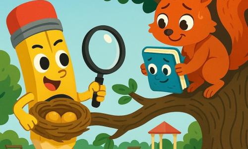 Main character: a yellow anthropomorphic pencil with a smiling, determined face, shiny round eyes and a small red eraser hat, holding a magnifying glass and pointing toward a nest in motion; secondary: a small blue notebook with dog-eared corners and curious eyes, held out by a red squirrel with fluffy fur, a remorseful yet mischievous expression, climbing a branch with a bushy tail; setting: a large old oak in a sunny park with textured bark, green foliage, grass and flowers, distant kiosk and benches; scene: joyful, dynamic exchange of the notebook found in the squirrel’s nest, bright colors, bold outlines, simple shapes, friendly playful atmosphere.
