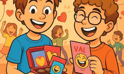 Een 12-jarig jongen, Timo, met rommelig kastanjebruin haar en nieuwsgierige ogen, glimlacht breed terwijl hij een klein doosje met chocolade en kleurrijke kaarten vasthoudt. Hij draagt een felblauw t-shirt en een casual spijkerbroek, en lijkt opgewonden en trots op zijn verrassing. Naast hem staat een andere 12-jarige jongen, Jonas, met krullend haar en ronde bril, die lacht terwijl hij een van de humoristische kaarten leest, met glanzende ogen van vreugde. Ze staan in een feestzaal versierd met rode ballonnen en hartvormige slingers, waar andere kinderen dansen en plezier maken op de achtergrond. De scène straalt een feestelijke en warme sfeer uit, vol met gelach en felle kleuren, terwijl Timo en Jonas een moment van vriendschap en geluk delen, omringd door de vrolijke energie van Valentijnsdag.
