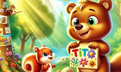 Un pequeño oso marrón llamado Tito, con un pelaje suave y ojos chispeantes de curiosidad, se encuentra alegremente bajo un gran roble. Sonríe ampliamente, sosteniendo un cartel colorido que dice "Cuida nuestro bosque" con dibujos de flores y animales. A su lado, una pequeña ardilla llamada Lila, con pelaje rojizo y una cola esponjosa, trepa por una rama, mirando a Tito con admiración y entusiasmo. Sostiene una nuez en sus patas delanteras, lista para agregarla a su colección. El lugar es una hermosa claridad del bosque, bañada de luz dorada, rodeada de majestuosos árboles de hojas verdes brillantes, y un suave arroyo brilla cerca. La escena principal muestra a Tito y Lila, rodeados de sus amigos animales, celebrando su proyecto de protección de la naturaleza, con sonrisas radiantes y gestos alegres, creando una atmósfera de camaradería y armonía con la naturaleza.