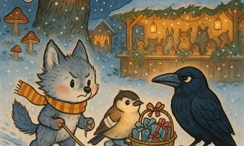 Main character: a small grey wolf named Wren with fluffy fur and pointed ears, determined expression and furrowed brows, cheeks pink from cold, pulling a shiny silver sled by a rope, wearing a striped scarf, standing proud and willing; secondary: Starling, a small brown-and-beige tit with slightly folded wings and a bandaged wing, grateful eyes, seated center on the sled holding a basket of frozen packages tied with ribbons; secondary: a large black crow with glossy feathers, grumpy but watchful, perched at the front of the sled, head tilted toward Wren; setting: a Christmas market under an old gnarled oak with jar lanterns and mushroom lanterns hanging, glittering frosted crystal ornaments, snow-covered wooden stalls, a beaten white path with small animal tracks; main situation: triumphant arrival at dusk—Wren returns the sled and parcels to the Giving Tree, golden lantern light illuminating the amazed faces of gathered animals, festive wintry atmosphere with gentle falling snow.