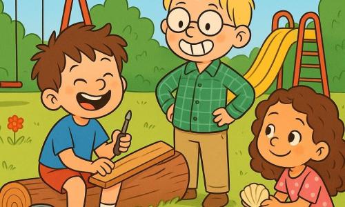 Es gibt 3 Charaktere: Emil, ein 7-jähriger Junge mit zerzausten braunen Haaren, trägt ein blaues T-Shirt und eine rote Shorts. Er sitzt auf einem großen Holzstück, hält einen kleinen Schraubendreher in den Händen und lächelt breit. Jonas, ein 6-jähriger Junge mit blonden Haaren und runden Brillen, trägt ein kariertes grünes Hemd und beige Hosen. Er steht neben Emil und macht eine lustige Grimasse, bereit zu helfen. Mia, ein 6-jähriges Mädchen mit langen, lockigen Haaren, trägt ein rosa Kleid mit Punkten. Sie hockt etwas weiter weg, hält eine Muschelschale und schaut die Jungen mit einem neugierigen Lächeln an. Der Ort ist ein sonnenspielplatz mit bunten Spielgeräten: einer roten Schaukel, einer gelben Rutsche und einer goldenen Sandkiste. Grüne Bäume umgeben den Platz, und bunte Blumen blühen darum. Der Himmel ist blau mit einigen fluffigen weißen Wolken. Die Hauptsituation zeigt Emil und Jonas, die ein Boot aus Brettern und einer alten Gießkanne bauen, während Mia sie amüsiert beobachtet. Die Jungen lachen zusammen, und die Atmosphäre ist fröhlich und kreativ, mit verstreuten Werkzeugen um sie herum und Lachen, das in der Luft schallt.