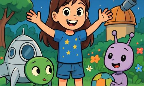 Una niña de 10 años, llamada Elena, con largos cabellos castaños y ojos llenos de curiosidad, se encuentra en el centro de la imagen, sonriendo y maravillada, frente a una pequeña nave espacial plateada que acaba de aterrizar. Lleva una camiseta azul con estrellas y un short de mezclilla, y levanta los brazos en señal de bienvenida. Junto a ella, dos extraterrestres, Zog y Lila, están presentes. Zog es pequeño, con piel verde brillante y grandes ojos redondos, mientras que Lila, con piel violeta pastel y antenas delicadas, sonríe alegremente sosteniendo un balón de fútbol colorido. El lugar es un jardín verde, lleno de flores brillantes y árboles majestuosos bajo un cielo estrellado, iluminado por la suave luz de la luna. En el fondo, se erige un centro de astronomía con su telescopio apuntando a las estrellas. La escena principal muestra a Elena, Zog y Lila jugando al fútbol juntos, riendo y corriendo sobre la hierba, creando una atmósfera alegre y amistosa, simbolizando la unión entre los mundos.