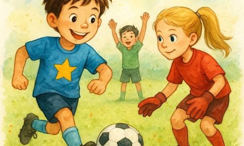 Un băiat pe nume Andrei, de aproximativ 10 ani, cu părul brun ciufulit și ochi strălucitori, afișează un zâmbet radiant. Poartă un tricou de fotbal albastru cu o stea galbenă pe piept și lovește mingea de fotbal cu determinare. Lângă el, o fată pe nume Mara, de asemenea de aproximativ 10 ani, cu părul blond prins în coadă de cal, este pregătită să prindă mingea. Ea poartă un tricou roșu și mănuși de portar. În fundal, un băiat pe nume Radu, de aceeași vârstă, cu păr negru scurt, ridică brațele în aer pentru a-l încuraja pe Andrei. Terenul de fotbal este verde, presărat cu flori mici și colorate, și scăldat într-o lumină matinală blândă. Acțiunea principală îl arată pe Andrei pasând mingea către Mara, ilustrând spiritul de echipă și bucuria jocului.