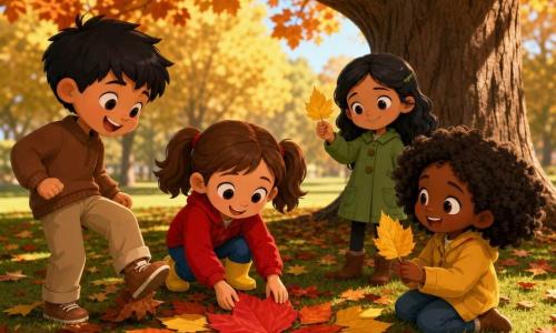 Four children—Mia, about 6, brown hair in pigtails, red jacket and yellow boots, sitting center placing a large red leaf on the grass; Sam, about 7, short black hair, brown sweater and khaki pants, standing left, pressing a brown leaf with his foot and laughing; Noor, about 6, dark curly hair, yellow coat, sitting right holding a yellow leaf and smiling; Lina, about 6, loose black hair, small green coat, slightly behind right, shy but smiling, showing a shiny yellow leaf—are in an autumn park under a large textured-branched tree with a carpet of red, orange and yellow leaves and green grass, bathed in soft low sunlight. They sit in a circle assembling their leaves into a large colorful sun; the mood is warm, leaves glint lightly, bits of leaf dust float, and a small squirrel on a branch watches.