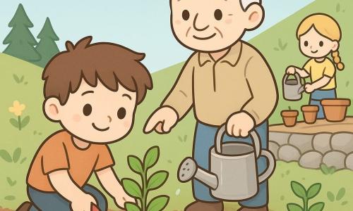Băiat de 10 ani, față rotundă, păr castaniu zburlit, ochi mari curioși, zâmbind hotărât, îngenuncheat în pământ maro, ținând o lopățică roșie și plantând un arbust verde cu frunze lucioase; bărbat de aproximativ 65 de ani, chip încrețit dar binevoitor, cu șapcă verde, stând lângă el, arătând o mică șanțuță în pantă și ținând o stropitoare metalică; fată de 9 ani, împletitură blondă și tricou galben, în fundal udând ușor ghivece de teracotă pe o terasă de lemn; loc: pantă de munte cu sol ușor erodat, pietre gri zidite în mică terasă, brazi în depărtare și cer bleu cu câteva nori; acțiune principală: plantare colectivă pentru consolidarea solului — gesturi calme și precise, pământ întors, rădăcini protejate, picături de apă, efort vesel și spirit de ajutor reciproc.