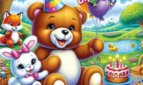 A smiling teddy bear with soft brown fur and sparkling eyes is sitting on a colorful picnic blanket, surrounded by delicious sandwiches and cupcakes. It expresses great joy, raising its arms in celebration of its birthday. Next to it, a small white bunny with big ears and a pink bow around its neck jumps with happiness while holding a colorful balloon. A clever fox with bright orange fur and a bushy tail dances joyfully, its eyes gleaming with mischief. The setting is a lush park filled with colorful flowers and majestic trees, under a clear blue sky with fluffy clouds. Ducks swim peacefully in a nearby sparkling pond. The main scene shows the bear celebrating its birthday with friends, surrounded by laughter and games, sharing a magical and joyful moment together.