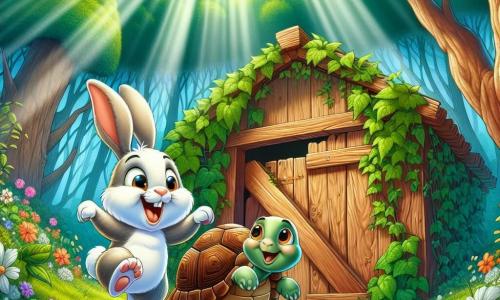 Brave Bunny Benny, a small rabbit with big ears and soft, fluffy fur, is happily jumping in front of an old shed covered in colorful vines, with a big smile on his face showing his excitement. Next to him, Tilly the Tortoise, a turtle with a shiny shell and sparkling curious eyes, is slowly moving forward, gazing at the shed in wonder. The setting is an enchanted forest filled with majestic trees with bright green leaves, colorful flowers dancing in the breeze, and sunlight filtering through the branches, creating a magical and bright atmosphere. The main scene shows Benny and Tilly discovering the mysterious shed, with Benny pushing the creaky wooden door while Tilly encourages him with a smile, ready to explore the hidden treasures inside.