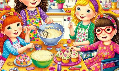 In a sunny kitchen, four girls are gathered around a large wooden table. Lily, a 10-year-old with curly brown hair and a bright smile, is at the center holding a large bowl of cake batter, wearing a colorful flowered apron. Emma, also 10, with red glasses and blonde hair in a ponytail, is to her right sprinkling glitter on cupcakes. Mia, a 10-year-old with a colorful bandana and brown hair, is on the left holding flower-shaped balloons and smiling enthusiastically. Zoe, a 10-year-old in a wheelchair, is slightly behind holding a box of edible decorations, her face beaming with joy. The kitchen is vibrant with fresh flowers on the counter, decorated cupcakes on the table, and paper garlands hanging on the walls. The girls are preparing a surprise for Mother's Day, laughing and having fun while decorating their sweet creations.