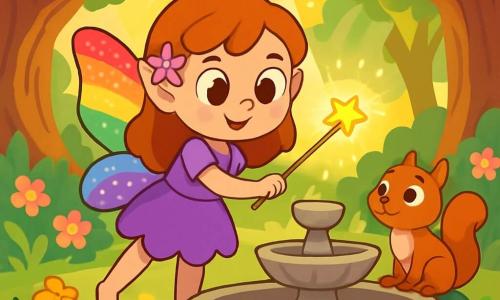 Een kleine fee, Lila, met glinsterende vleugels in de kleuren van de regenboog, staat aan de rand van een magische fontein. Ze heeft grote sprankelende ogen en een vastberaden glimlach die haar moed toont. Naast haar kijkt een nieuwsgierig eekhoorntje, met een bruin vacht en heldere ogen, bewonderend naar Lila terwijl het op een mosrijke steen zit. De plek is een betoverd Glinsterbos, vol majestueuze bomen met knoestige stammen en stralende bloemen die het gebrek aan water lijken te betreuren. Zonnestralen breken door het loof en verlichten de scène met een zachte gouden gloed. Lila probeert met haar toverstaf de slapende fontein te wekken, omringd door verwelkte bloemen en vallende bladeren, klaar om leven te geven aan haar waardevolle thuis.