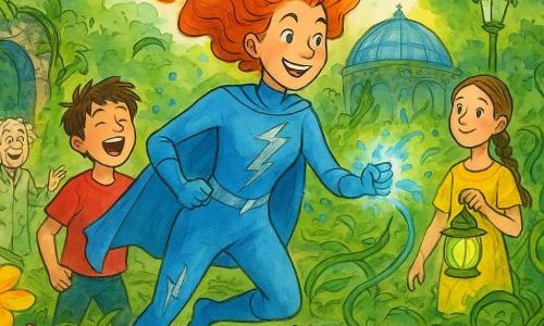 Fulmina, eroina sorridente e determinata dai capelli arancioni ricci che fluttuano come fiamme, in costume azzurro con fulmini argentati, al centro in movimento mentre lancia scintille blu che guidano liane; a sinistra Sonoro, ragazzo di circa 12 anni dai capelli castani spettinati, tiene per mano dei bambini e canta, onde sonore colorate escono dalla sua bocca; a destra Luma, ragazza di circa 11 anni dalla pelle chiara con trecce, tiene una lanterna verde che illumina pergolati e attira le piante; sullo sfondo il professor Germoglio, uomo di circa 60 anni, piccolo con capelli bianchi disordinati e camice verde sporco di terra, sorride sollevato indicando il giardino; vicino ai piedi di Fulmina il cagnolino Scodinzola, macchiato, scava e scodinzola guidando una radice; ambientazione: Giardino Botanico con vialetti lastricati, aiuole di fiori giganti rosa e gialli, liane verdi spesse, lampioni coperti di foglie, uno stagno specchio e un cupolone traslucido che scintilla come vetro liquido; scena dinamica di crescita rapida e gioiosa delle piante, liane dirette verso pergolati e aiuole, collaborazione e movimento con foglie al vento, petali che cadono, colori vivaci e contrasti d’inchiostro.