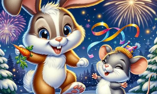 Ein fröhlicher kleiner Hase namens Hopsi mit weichem, braunem Fell, großen aufrechten Ohren und strahlenden Augen springt begeistert mitten in einer Silvesterfeier. Er trägt einen kleinen festlichen Hut und hält eine Karotte in seinen Vorderpfoten, strahlend vor Freude. Neben ihm lächelt Mimi, eine kleine graue Maus mit großen Ohren und einem dünnen Schwanz, während sie ein kleines, buntes Banner schwenkt. Sie ist voller Energie und tanzt um Hopsi herum, was zur festlichen Stimmung beiträgt. Im Hintergrund erhellt ein großer Nachthimmel mit strahlenden Feuerwerken die Szenerie. Der Boden ist mit glitzerndem Schnee bedeckt, und schneebedeckte Bäume umgeben die Szene, geschmückt mit Lichtern. Die Hauptsituation zeigt Hopsi und Mimi, die mit ihren tierischen Freunden das neue Jahr feiern, alle versammelt in einer fröhlichen Atmosphäre, lachend und sich unter den Feuerwerken, die den Himmel erleuchten, amüsiert.