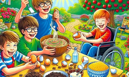 In einem sonnigen Garten versammeln sich vier Jungen um einen großen Holztisch. Max, ein 10-jähriger Junge mit zerzausten braunen Haaren und Brille, lächelt mit einer Spatel in der Hand. Neben ihm steht Leo, ein 9-jähriger Junge mit blonden Haaren und funkelnden Augen, der gerade Schokoladenstückchen in eine große Schüssel geben möchte. Tim, ein 8-jähriger Junge mit roten Haaren und Sommersprossen, lacht, während er ein Ei in der Hand hält, bereit es zu zerbrechen. Schließlich schaut Paul, ein 9-jähriger Junge im Rollstuhl, seine Freunde mit einem breiten Lächeln an und hält eine bunte Farbpalette, bereit ein schönes Kunstwerk zu schaffen. Der Garten ist voller bunter Blumen, mit roten Rosen, gelben Sonnenblumen und weißen Margeriten, die sanft im Wind tanzen. Ein großer Apfelbaum, beladen mit Früchten, steht im Hintergrund, während ein strahlend blauer Himmel die Szene erhellt. Die Jungen bereiten einen Kuchen zum Muttertag vor, umgeben von Blumentöpfen, verstreuten Zutaten und lebhaften Farben, was eine fröhliche und festliche Atmosphäre schafft.
