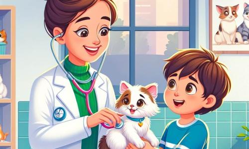 La dottoressa Giulia è una donna sorridente, con i capelli castani raccolti in uno chignon e uno stetoscopio colorato attorno al collo. Indossa un camice bianco e guarda con tenerezza un gattino bianco di nome Leo, che è rannicchiato tra le sue braccia, con i suoi grandi occhi brillanti di speranza. Accanto a lei, Tommaso, un ragazzo di circa 7 anni, ha i capelli castani arruffati e una maglietta blu. Tiene Leo con cautela, il suo viso splendente di gioia e preoccupazione, mentre ascolta attentamente la dottoressa. La scena si svolge in uno studio veterinario luminoso e accogliente, con manifesti di animali sulle pareti, giocattoli per animali sparsi e una grande finestra che lascia entrare la luce del sole. La situazione principale mostra la dottoressa Giulia mentre esamina Leo con uno stetoscopio, mentre Tommaso, pieno di speranza, accarezza dolcemente il gattino, pronto ad aiutarlo a guarire.
