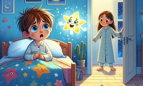 Un bambino di 2 anni, con capelli castani disordinati e grandi occhi blu, è sdraiato nel suo letto. Ha un'espressione di paura sul viso, con le mani piccole strette sulle lenzuola colorate. Accanto a lui, una piccola stella luminosa, Stella, con un sorriso radioso e ali scintillanti, fluttua nell'aria, illuminando la stanza. La mamma di Luca, una donna dolce di circa 30 anni con capelli lunghi e castani, si trova vicino alla porta, guardando il figlio con tenerezza. Indossa un pigiama comodo e ha un libro in mano, pronta a leggere una storia. La scena si svolge in una cameretta accogliente, decorata con muri dipinti di azzurro, adesivi di stelle e lune, e un piccolo tappeto morbido sul pavimento. La luce della luna filtra attraverso la finestra, creando ombre morbide sul pavimento. Luca, spaventato dal buio, incontra Stella, la piccola stella, che gli mostra che il mondo notturno può essere magico e confortante.