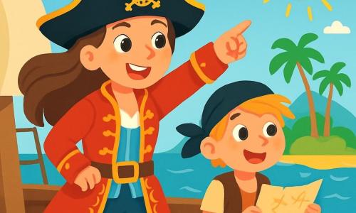 Młoda piratka, kapitan Ola, kobieta w wieku około 25 lat, dumnie stoi na pokładzie swojego statku. Ma długie brązowe włosy powiewające na wietrze, promienny uśmiech i błyszczące oczy pełne ekscytacji. Nosi kapelusz piracki ozdobiony kolorowym piórem oraz czerwoną kurtkę z złotymi haftami. Obok niej stoi młody pirat, Max, 10-letni chłopiec z rozwianymi blond włosami, który z zachwytem patrzy w horyzont. Nosi czarny bandana i skórzaną kamizelkę, trzymając mapę skarbu w rękach. Statek płynie po spokojnym morzu, a fale błyszczą w złotym słońcu. W tle rysuje się zielona wyspa z palmami i majestatycznymi górami. Scena ukazuje kapitan Olę wskazującą na wyspę, podekscytowaną możliwością odkrycia ukrytego skarbu, podczas gdy Max, z błyszczącymi oczami przygody, pochyla się do przodu, gotowy podążać za swoją kapitan w tej ekscytującej misji.